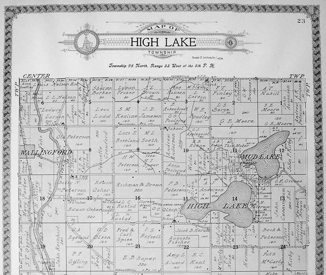 Kart frå High Lake Township 1917. Kyrkjegarden avmerka i sør-aust kanten av High Lake.